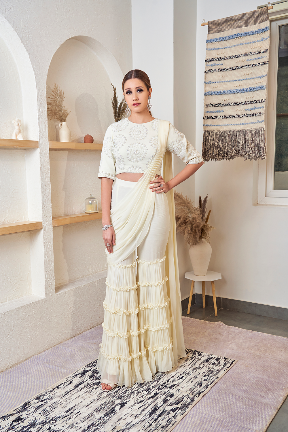 Off-White Frill Garara Saree