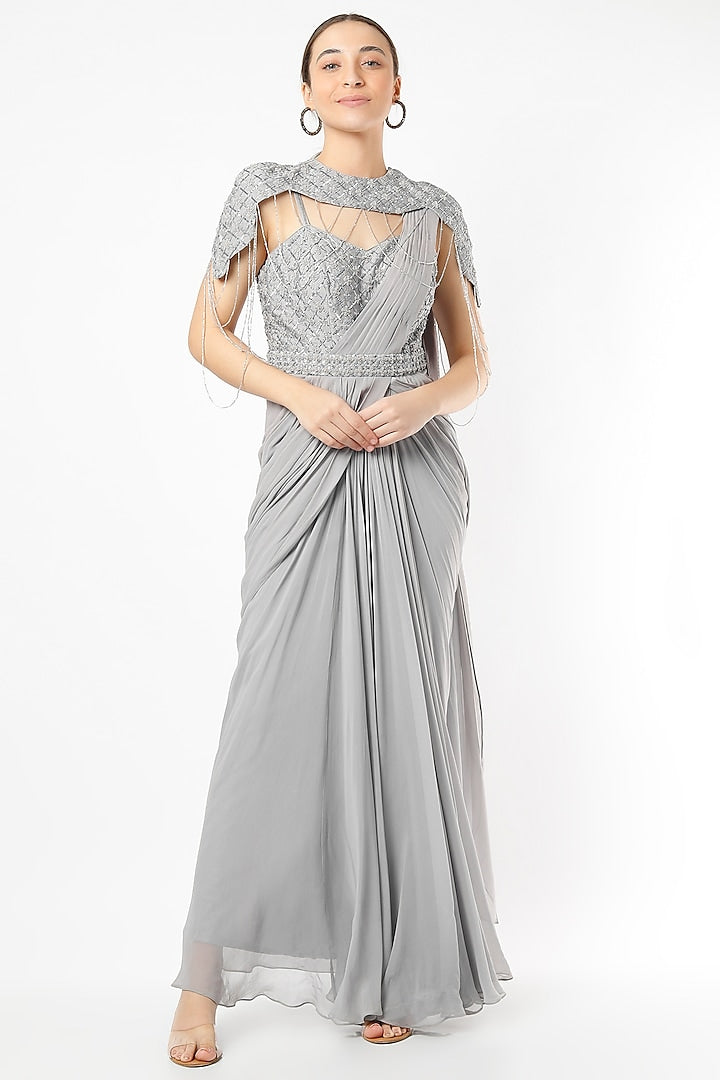 Grey Silk Georgette Embroidered Draped Saree Set