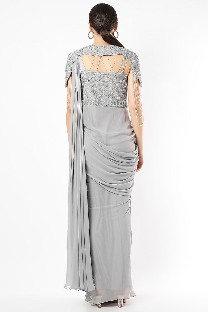 Grey Silk Georgette Embroidered Draped Saree Set