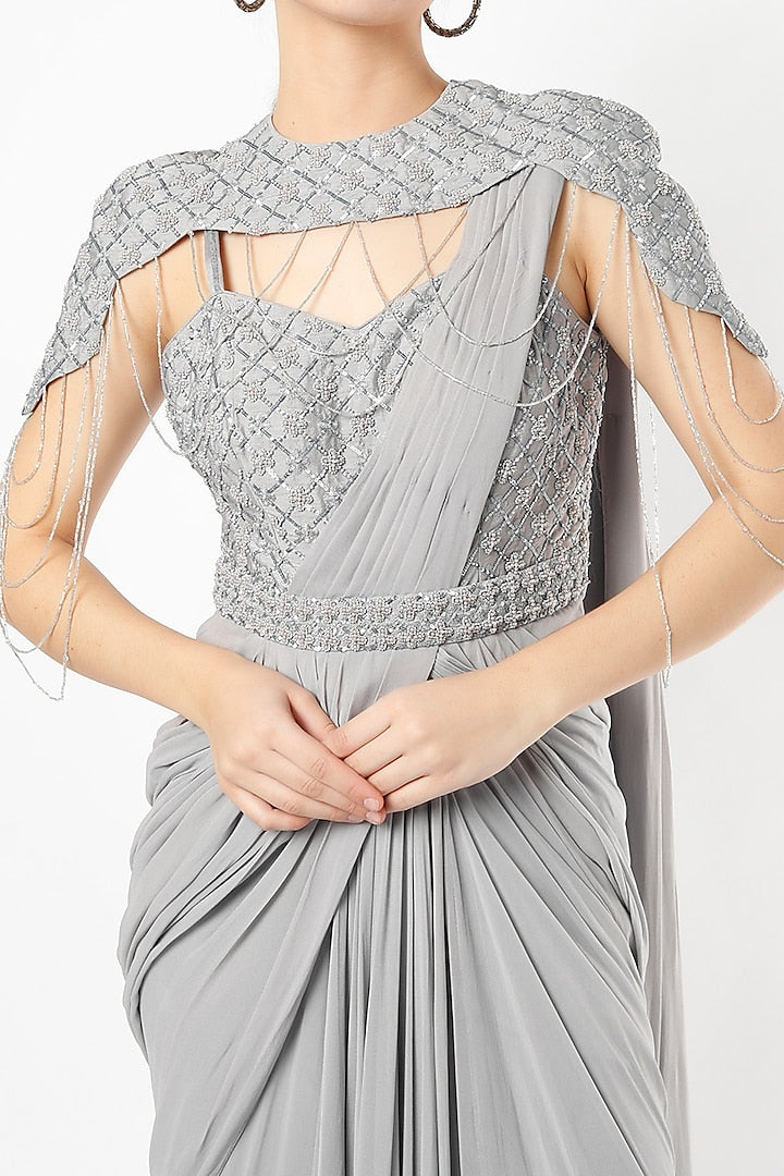 Grey Silk Georgette Embroidered Draped Saree Set