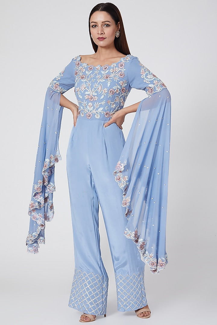 Blue Embroidered Jumpsuit