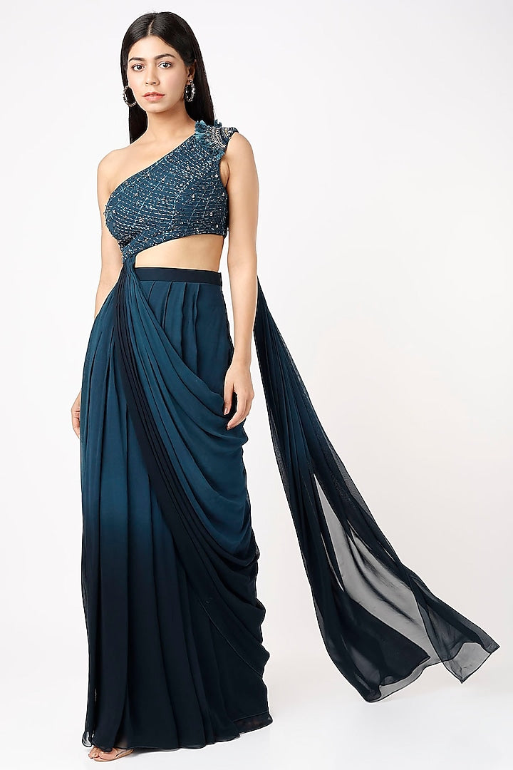 Deep Turquoise Ombre One-Shoulder Draped Gown
