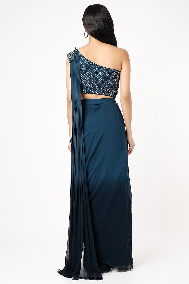 Deep Turquoise Ombre One-Shoulder Draped Gown