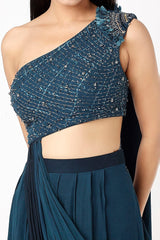 Deep Turquoise Ombre One-Shoulder Draped Gown