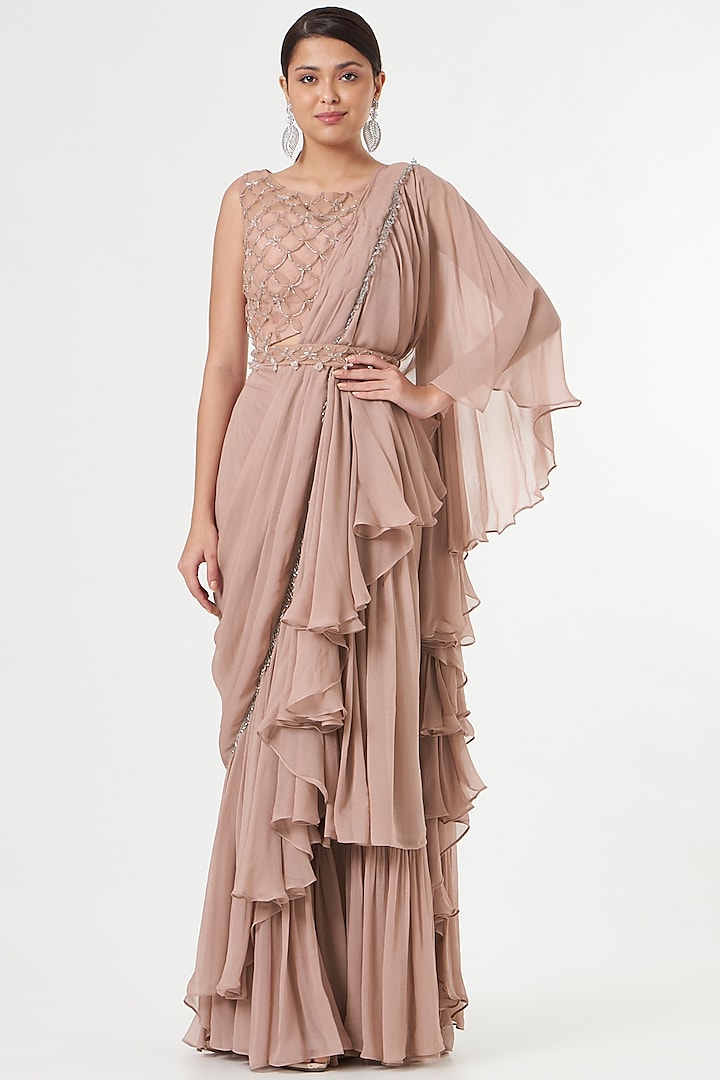 Mauve Embellished Ruffle Saree Set