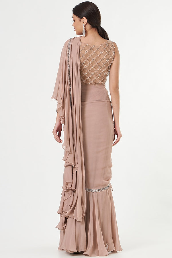 Mauve Embellished Ruffle Saree Set