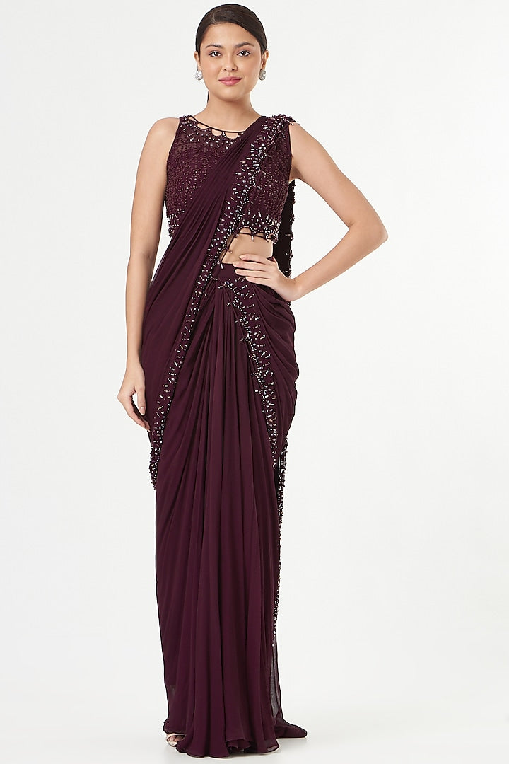 Maroon Embellished Saree Set