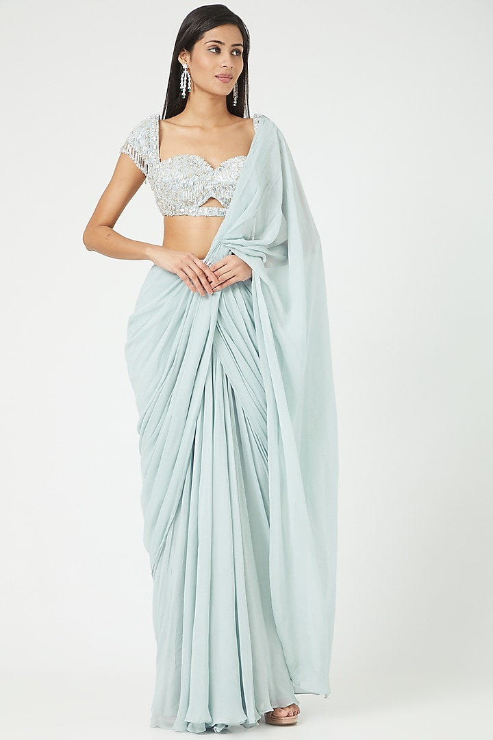 Powder Blue Georgette Draped Saree Set