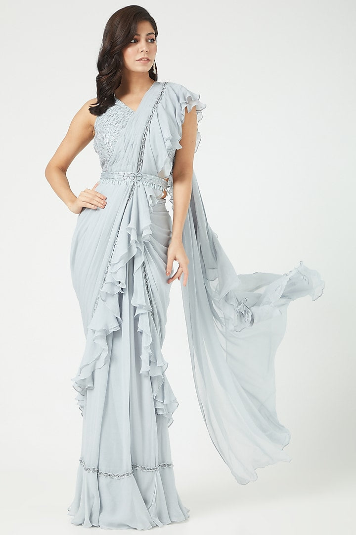 Powder Blue Ruffled Draped Saree Set