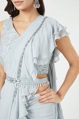 Powder Blue Ruffled Draped Saree Set