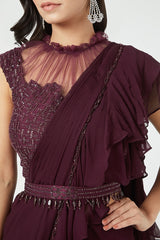 Purple Ruffled Draped Saree Set
