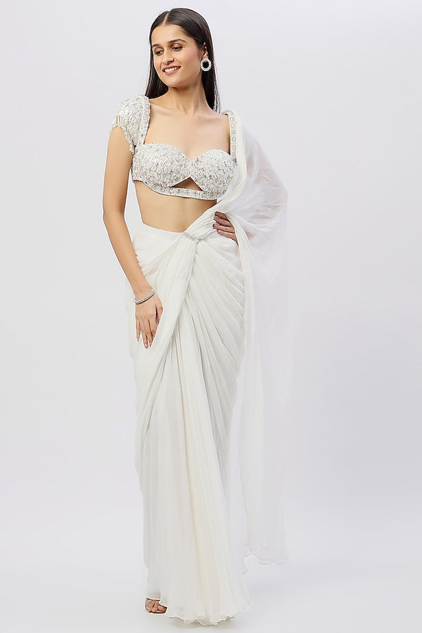 White Embroidered Pre Stitched Saree