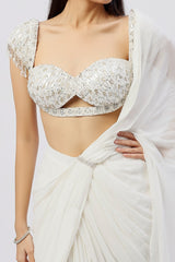 White Embroidered Pre Stitched Saree
