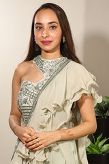 Mint Green Crepe & Silk Dupion Ruffled Saree Set