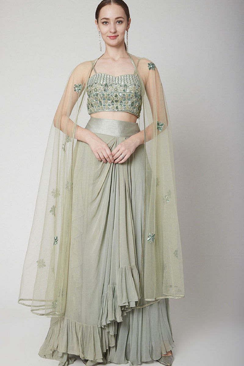 Sea Green Drape Ruffle Lehenga Blouse with Cape and Crop Top